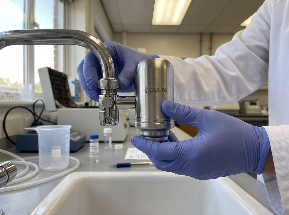 Laborant montiert einen Puure®-Filter zum Testen an einem Wasserhahn